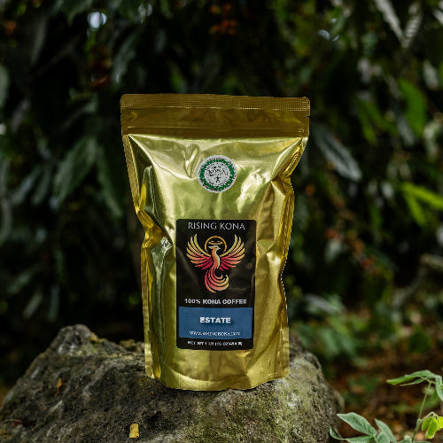 Kona Kona coffee bag on a rock with a natural background